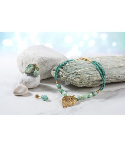 Amazonit Taşlı Yaprak Kolye & Küpe Seti